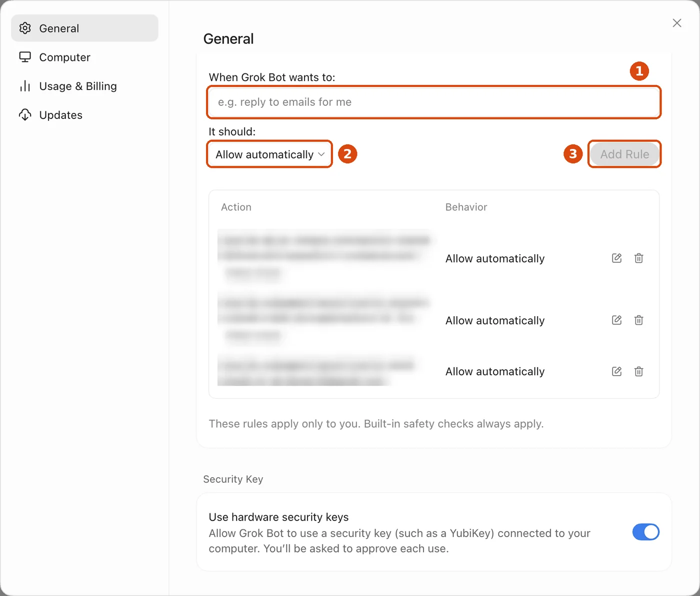 צילום מסך אמיתי של אזור Auto-review בהגדרות: שדה When Grok Bot wants to לכתיבת הכלל, תפריט It should, כפתור Add Rule, ומתחת טבלת כללים עם העמודות Action ו-Behavior. הטקסט של הכללים טושטש.