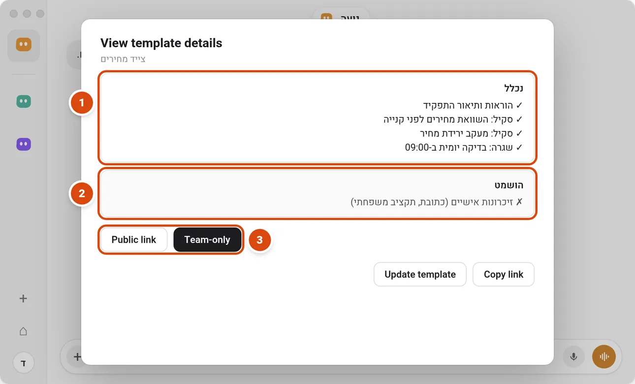 המחשה של פרטי תבנית לבוט לדוגמה "צייד מחירים": מה נכלל (הוראות, שני סקילים, שגרה), מה הושמט (זיכרונות אישיים), ובחירה בין Public link ל-Team-only.