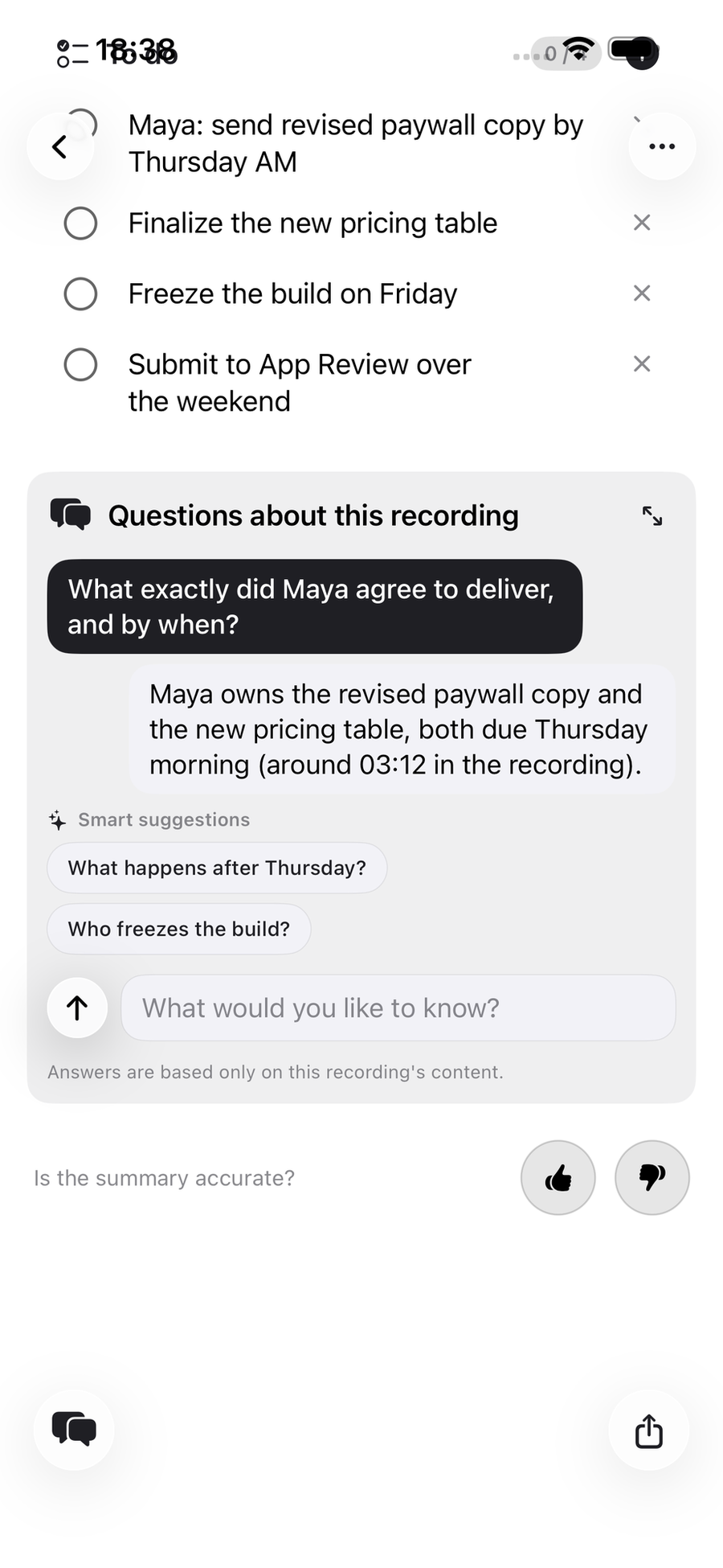 A recording detail with summary, action items and chat
