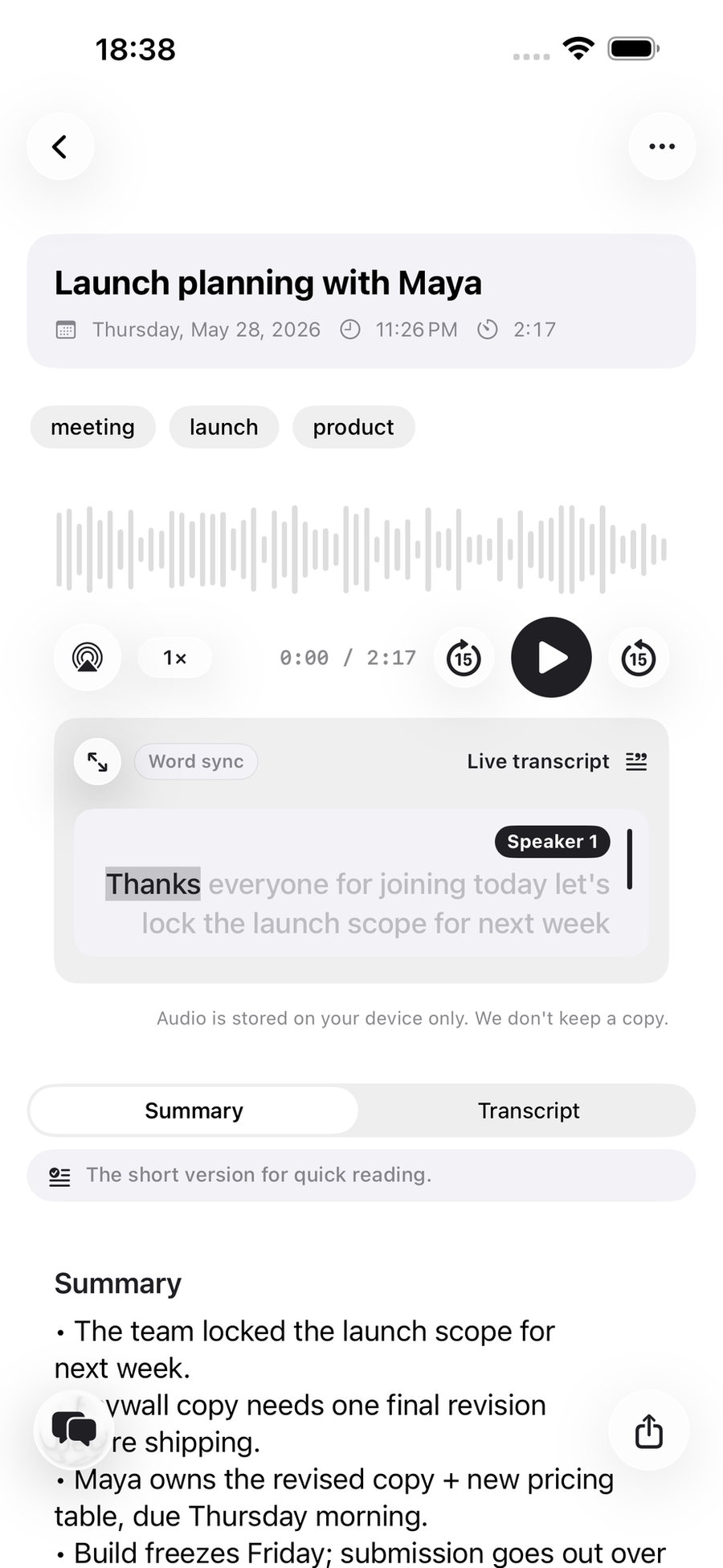 A recording with its AI summary and chat in ToText