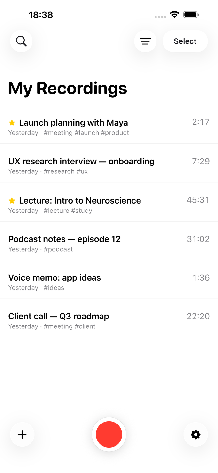 The ToText home screen with a list of recordings