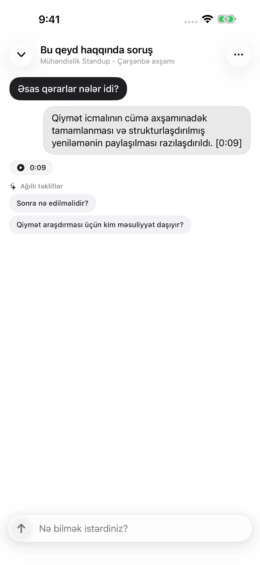 ToText səs yazısı barədə suala cavab verir və cavabı vaxt nişanına bağlayır.