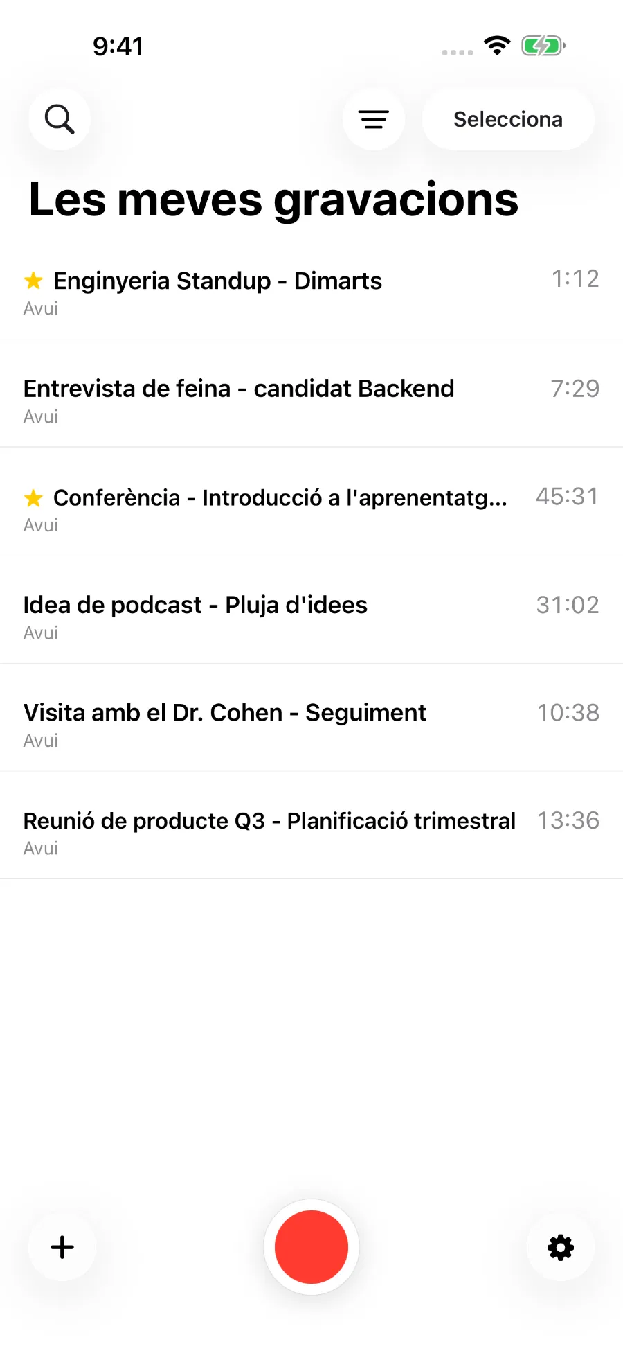 La biblioteca de ToText amb enregistraments desats.