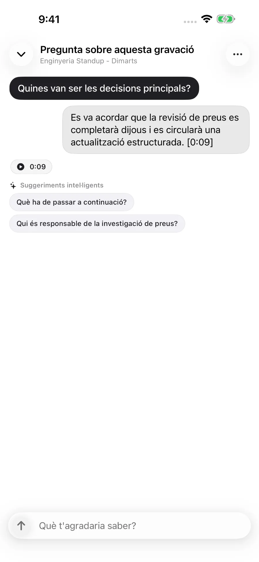 ToText respon a una pregunta sobre un enregistrament i enllaça la resposta amb una marca de temps.