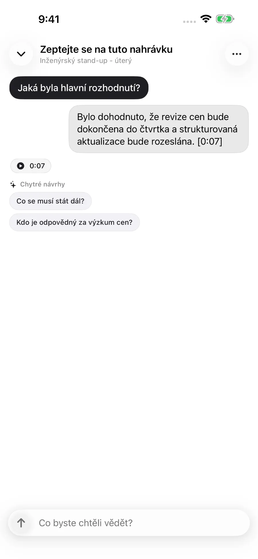 ToText odpovídá na otázku o nahrávce a propojuje odpověď s časovou značkou.