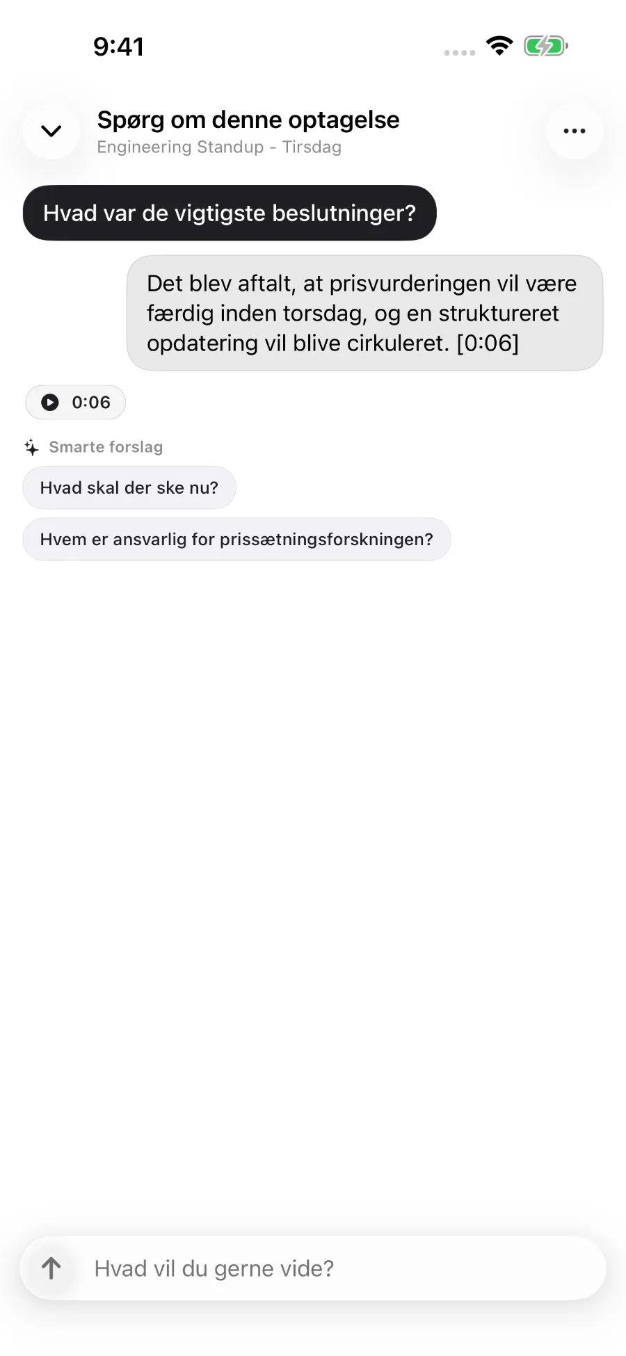 ToText besvarer et spørgsmål om en optagelse og knytter svaret til et tidsstempel.