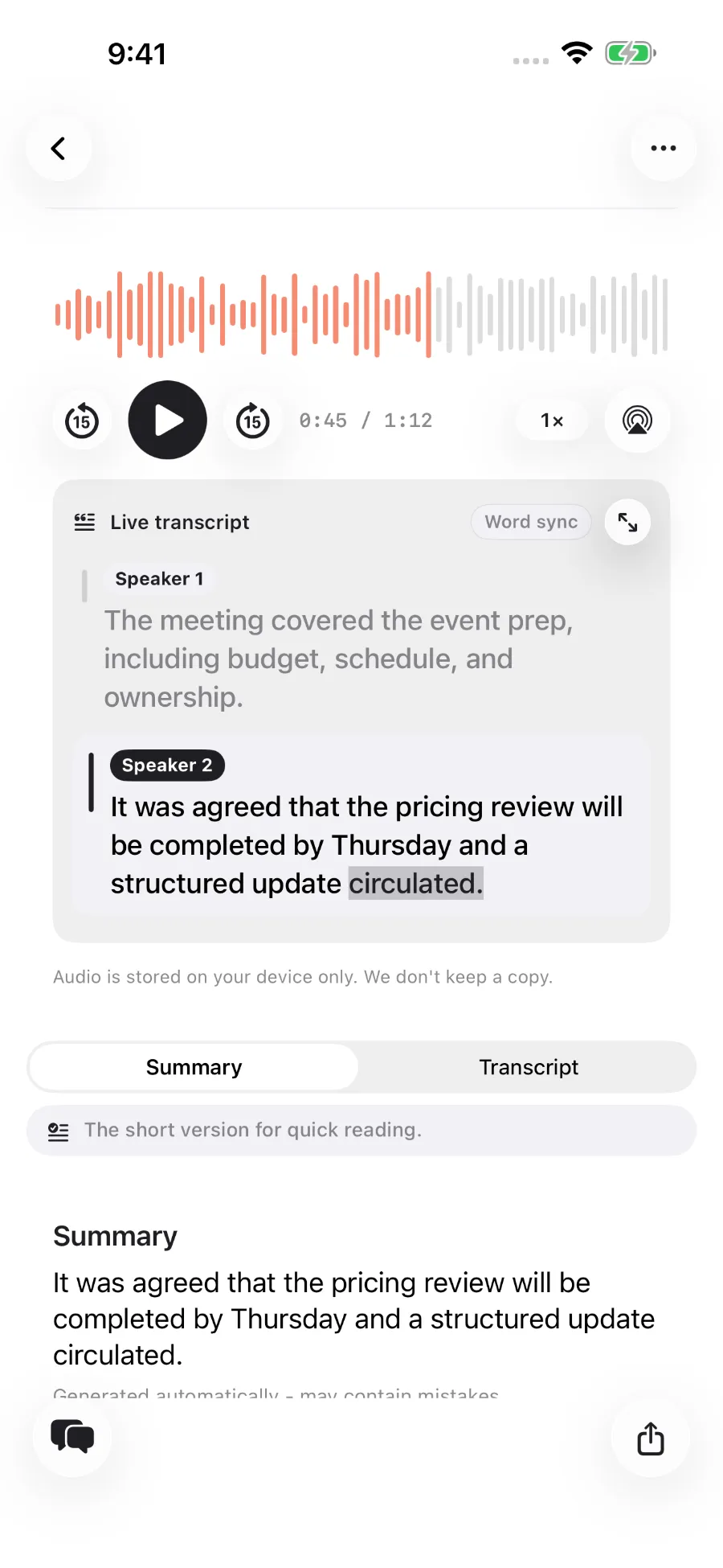 A ToText recording showing a waveform, playback controls, speaker-labeled transcript with a highlighted word, and summary.