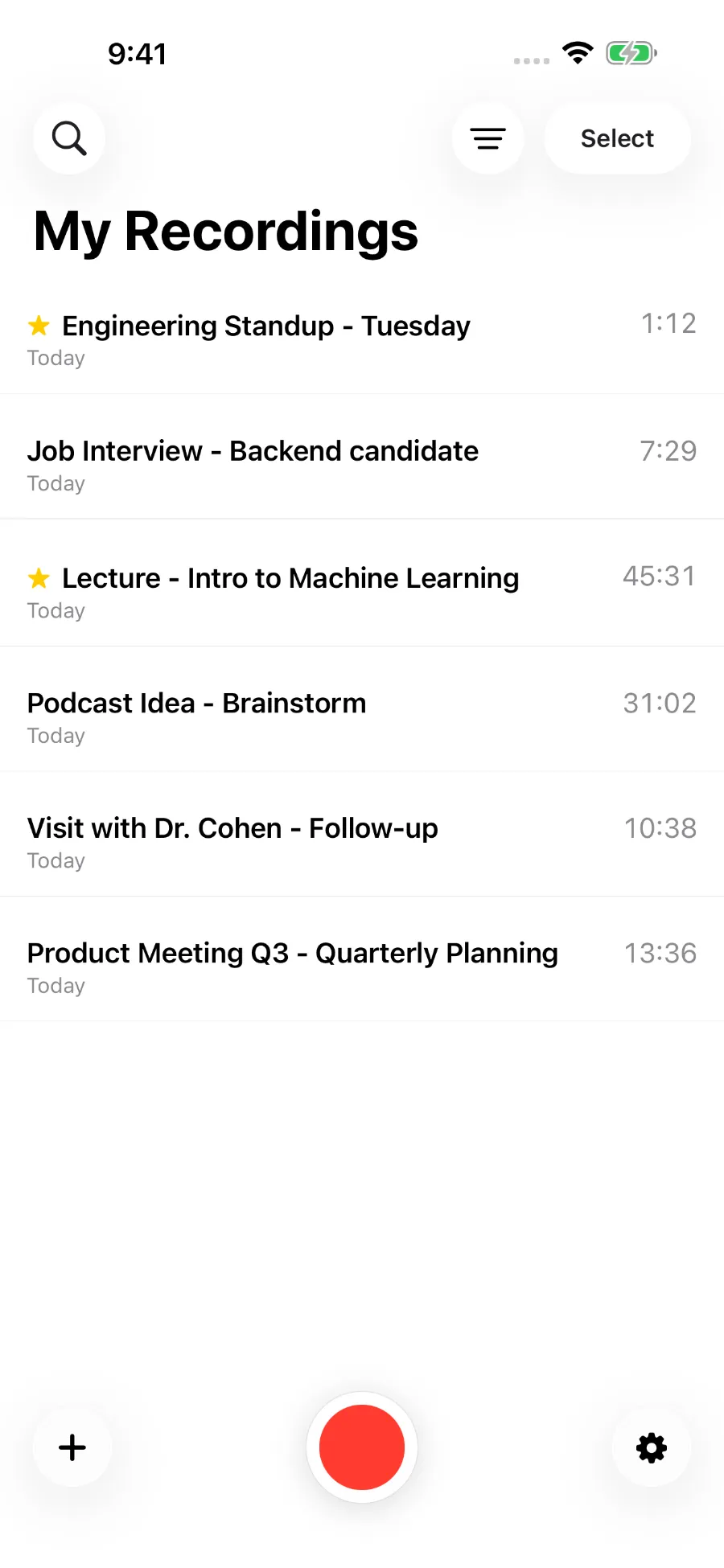 The ToText library showing saved recordings.