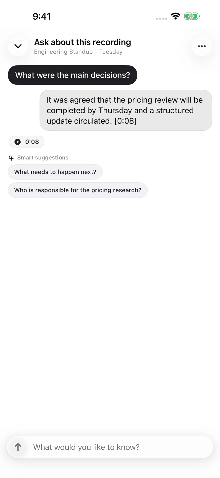 ToText answering a question about a recording and linking the answer to a timestamp.