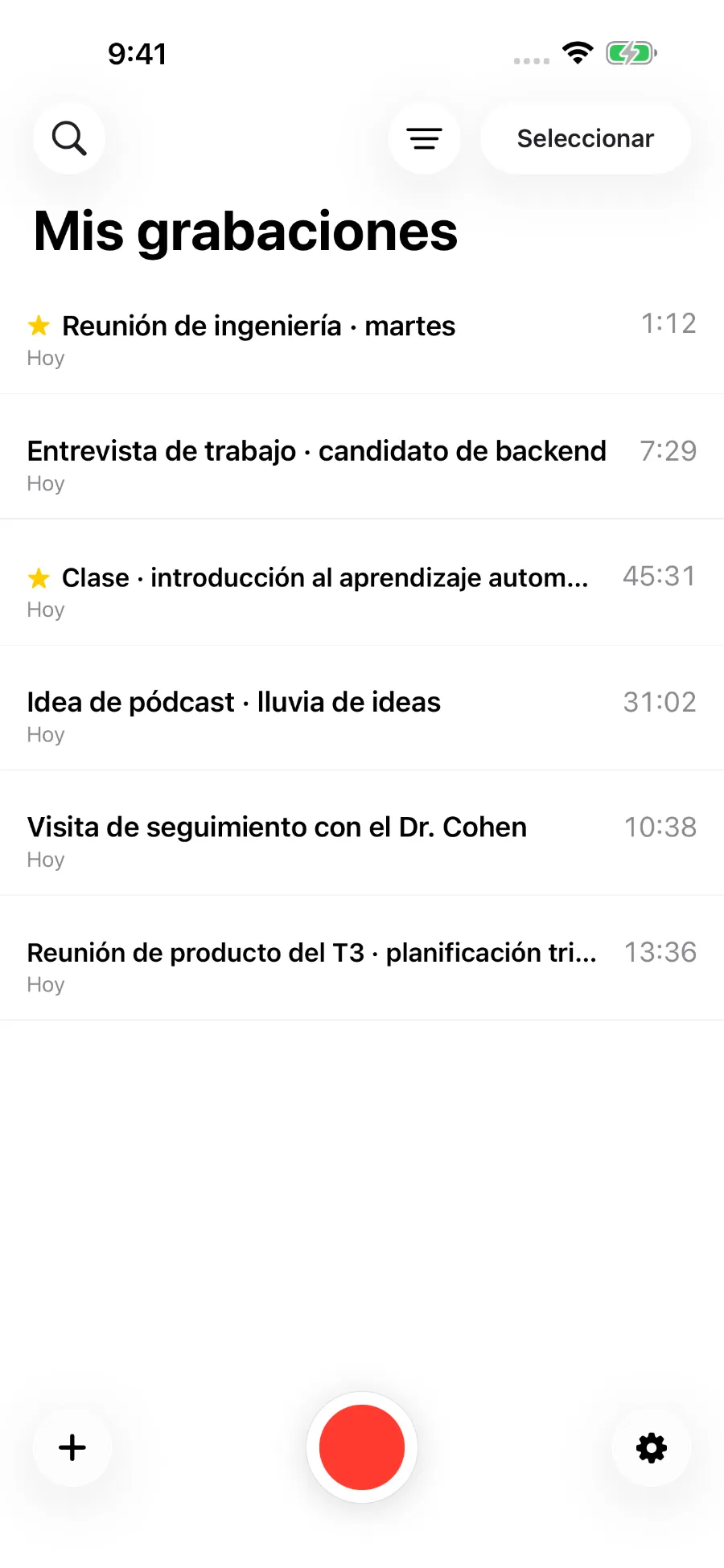 La biblioteca de ToText con grabaciones guardadas.
