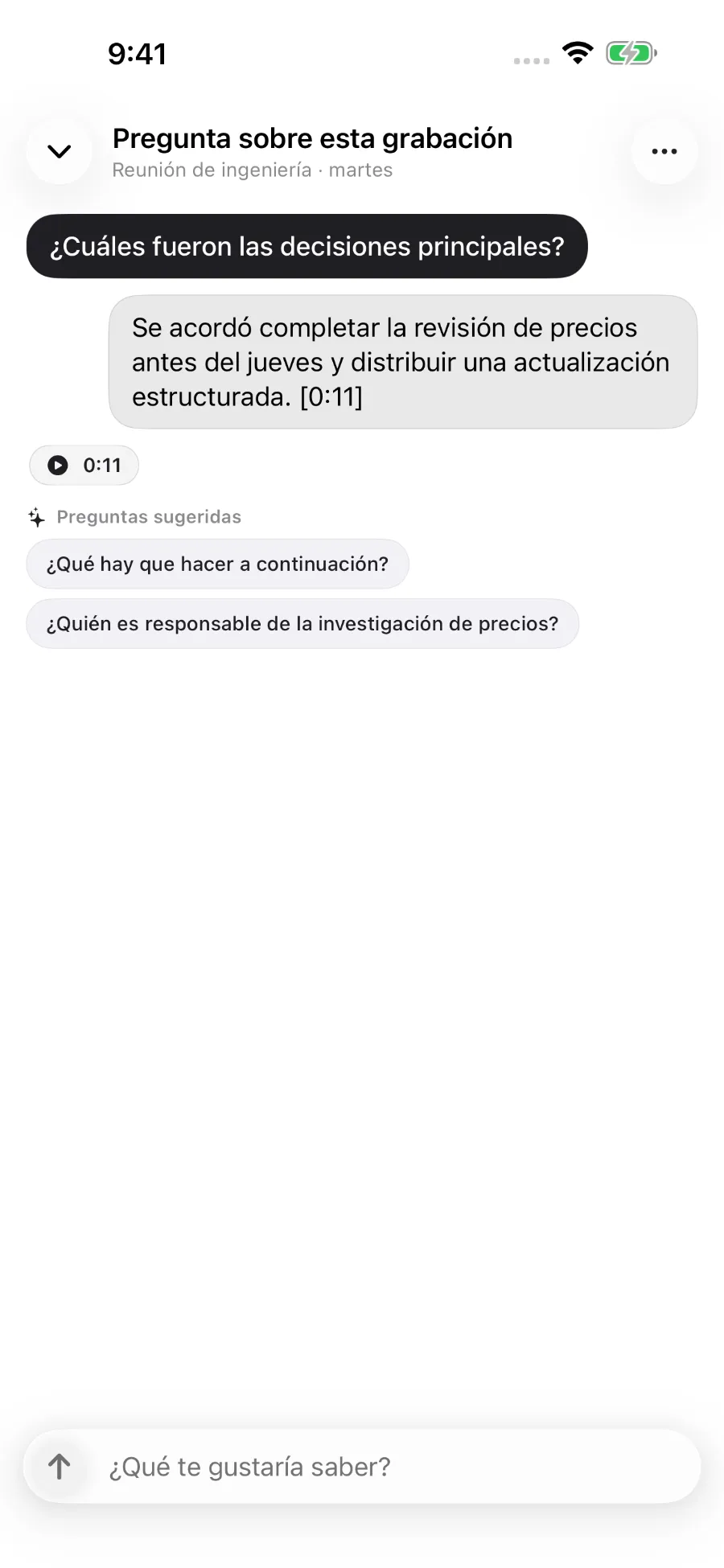 ToText responde a una pregunta sobre una grabación y vincula la respuesta a una marca de tiempo.