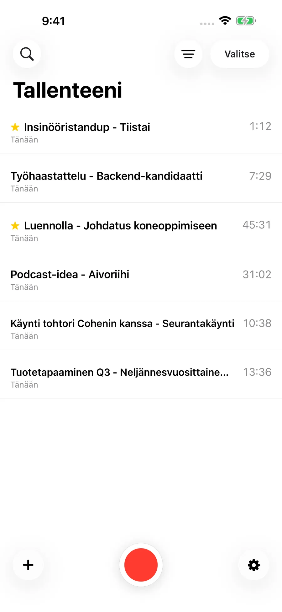 ToTextin kirjasto, jossa näkyy tallennettuja äänitteitä.