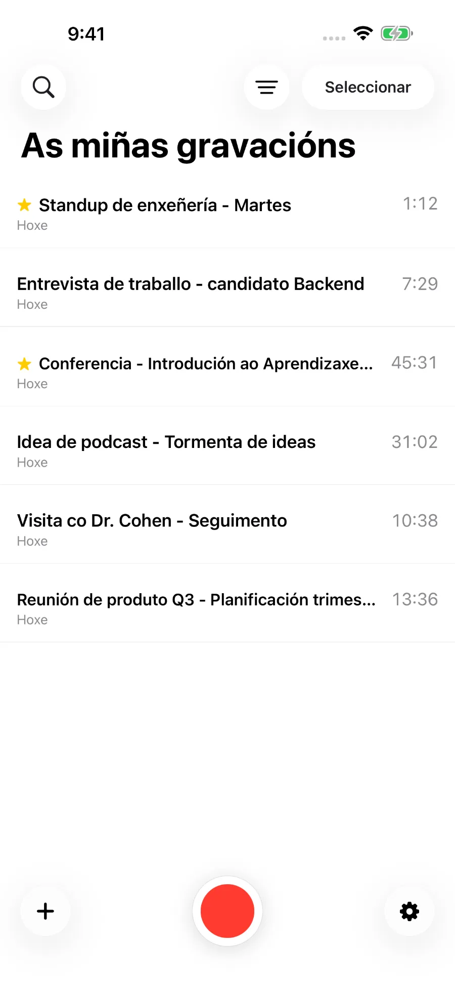 A biblioteca de ToText con gravacións gardadas.