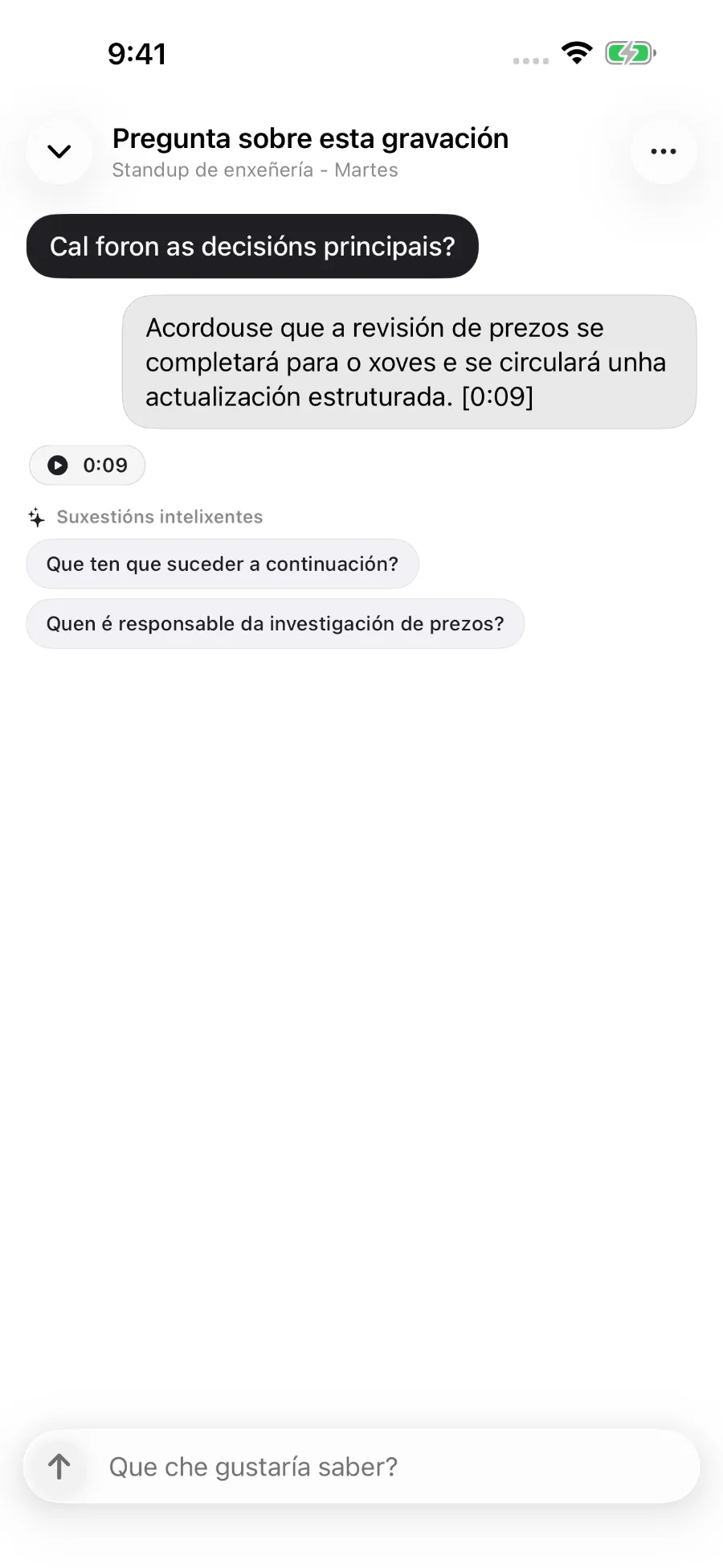 ToText responde a unha pregunta sobre unha gravación e vincula a resposta cunha marca de tempo.
