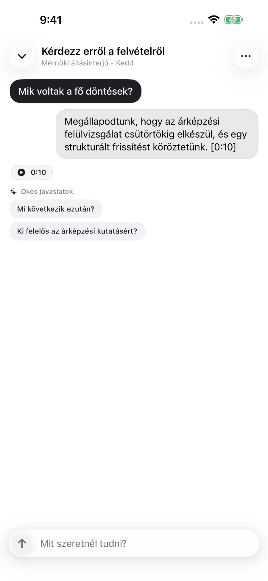 A ToText megválaszol egy kérdést a felvételről, és időbélyeghez kapcsolja a választ.
