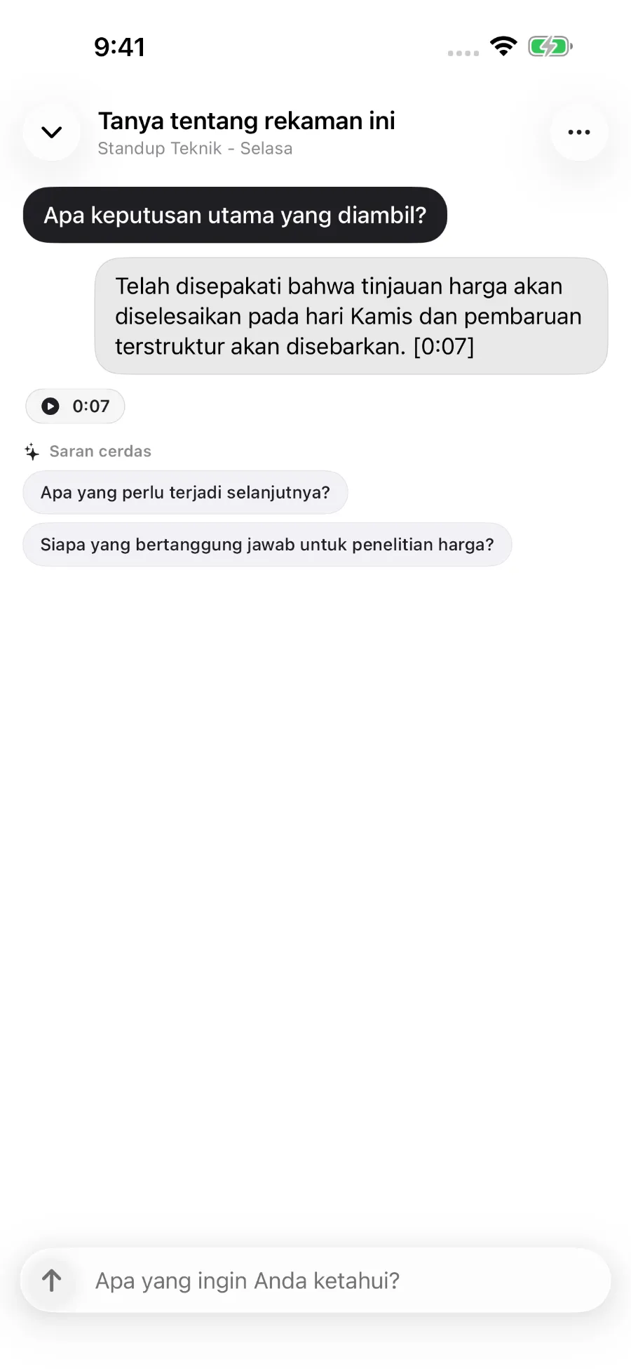 ToText menjawab pertanyaan tentang rekaman dan menautkan jawaban ke penanda waktu.