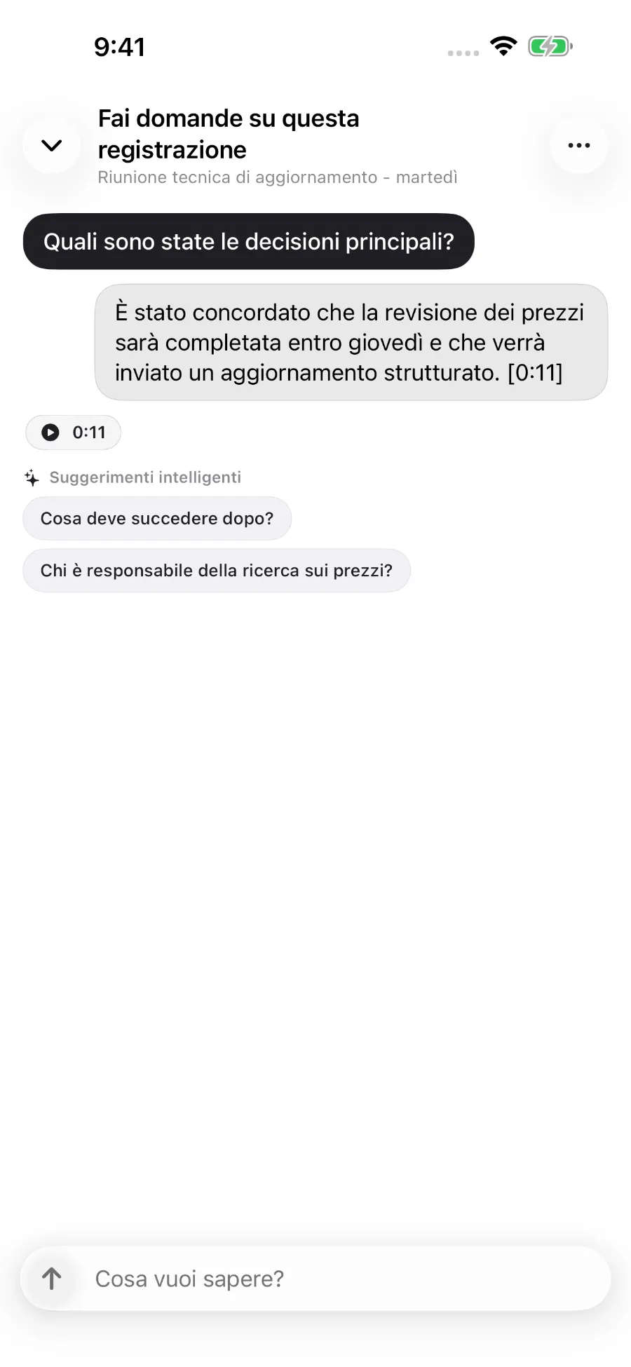 ToText risponde a una domanda su una registrazione e collega la risposta a un riferimento temporale.