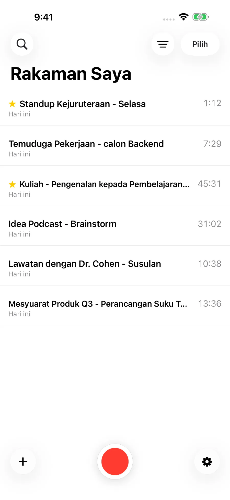 Pustaka ToText yang memaparkan rakaman tersimpan.