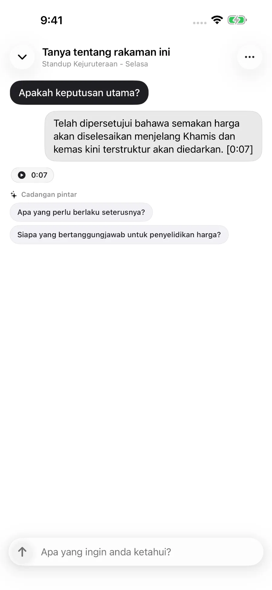 ToText menjawab soalan tentang rakaman dan memautkan jawapan kepada cap masa.