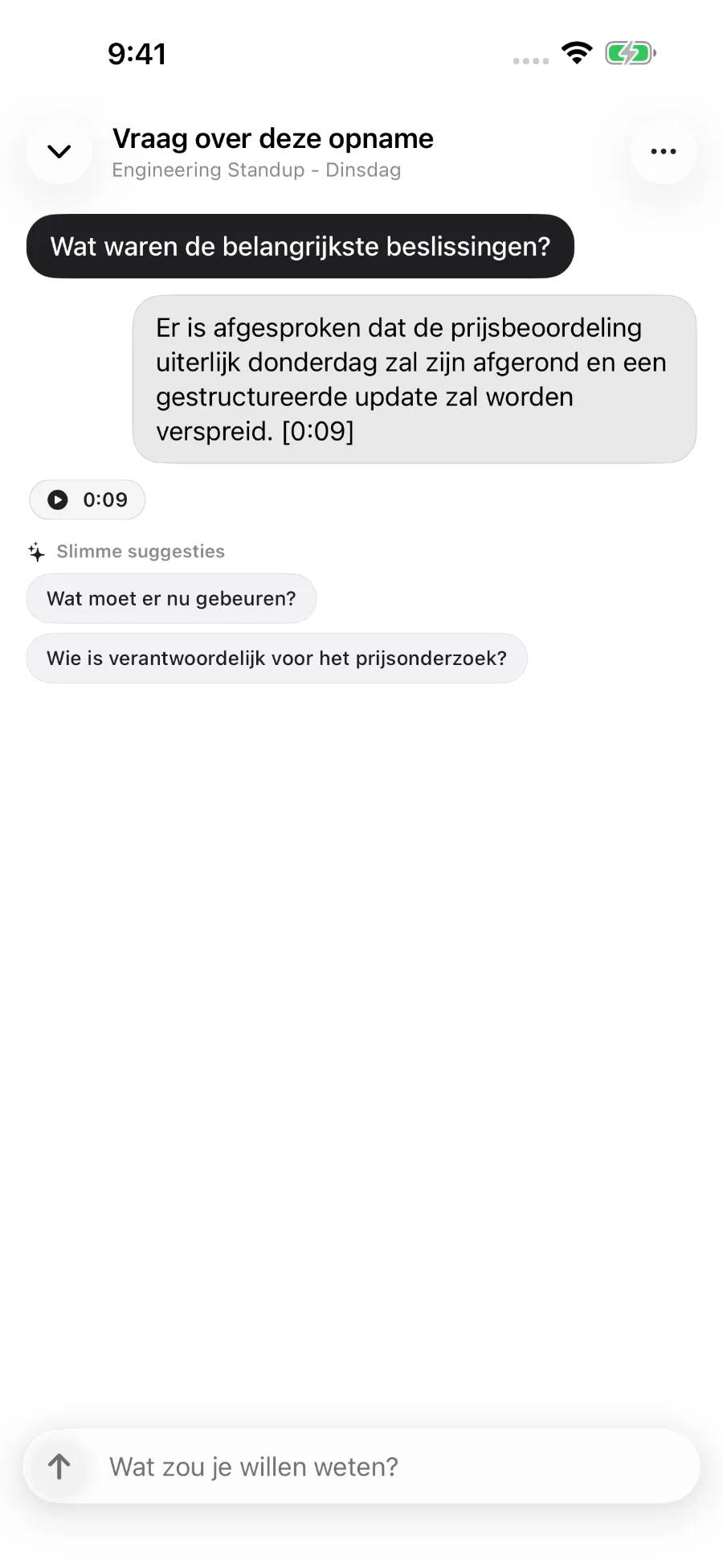 ToText beantwoordt een vraag over een opname en koppelt het antwoord aan een tijdsaanduiding.