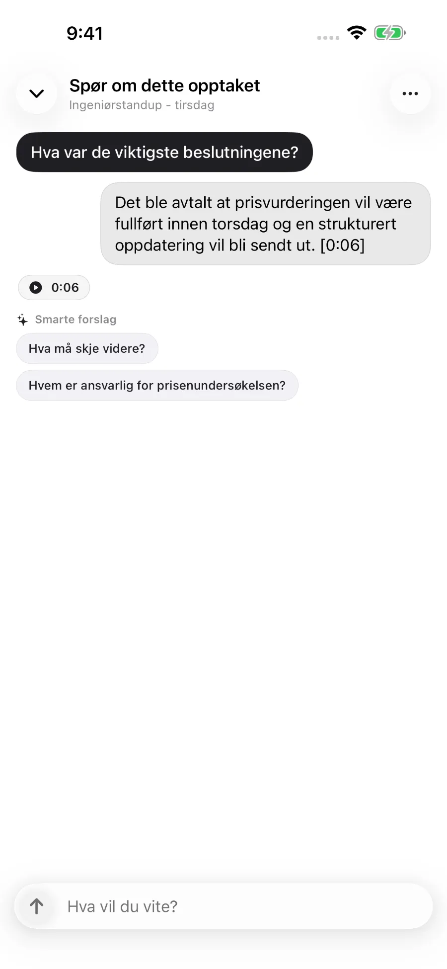 ToText svarer på et spørsmål om et opptak og knytter svaret til et tidsstempel.