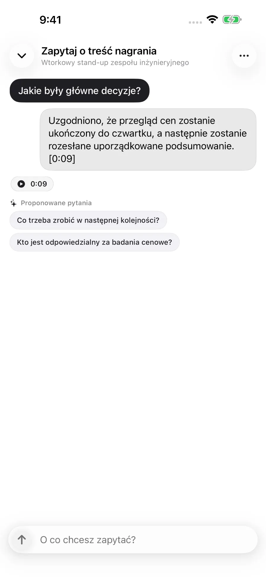 ToText odpowiada na pytanie o nagranie i łączy odpowiedź ze znacznikiem czasu.
