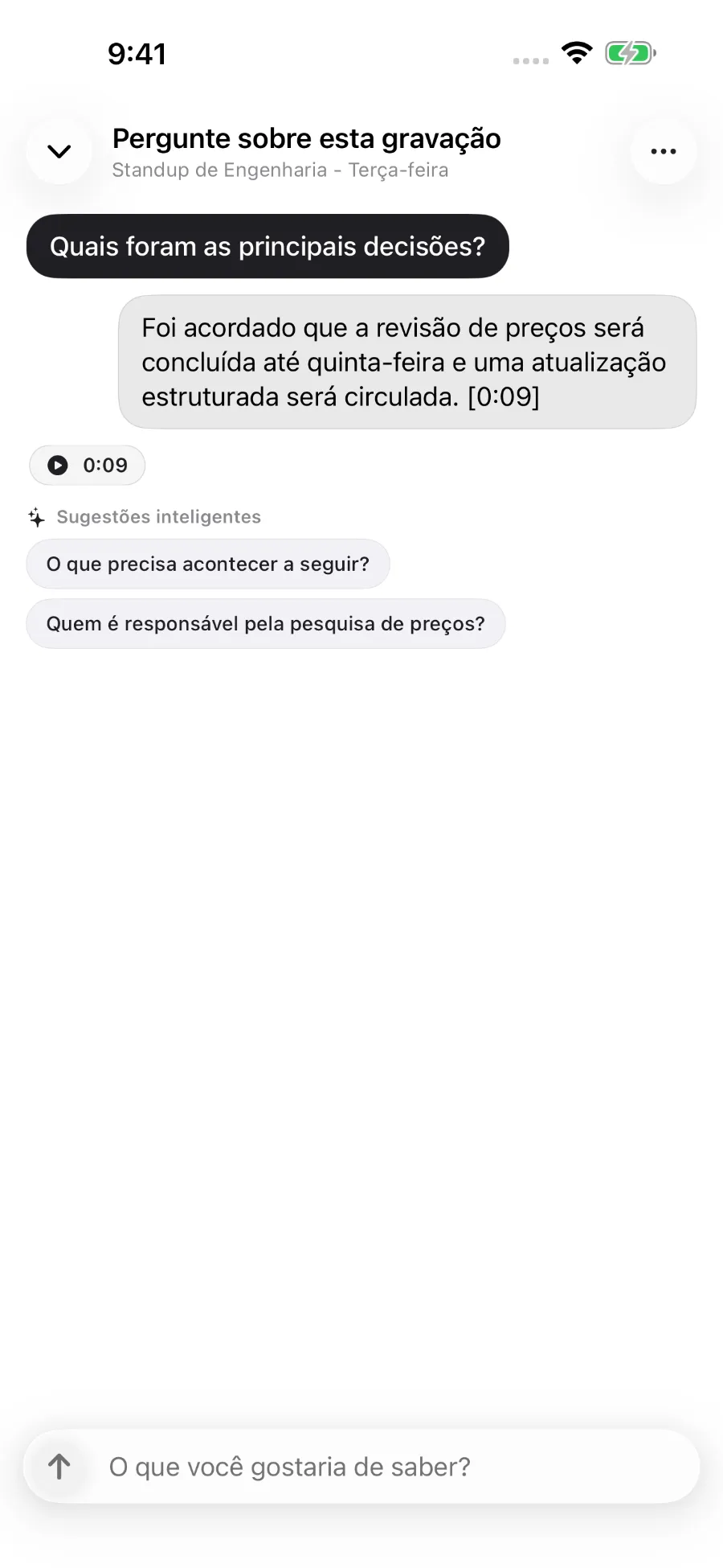 O ToText responde a uma pergunta sobre uma gravação e vincula a resposta a uma marca de tempo.