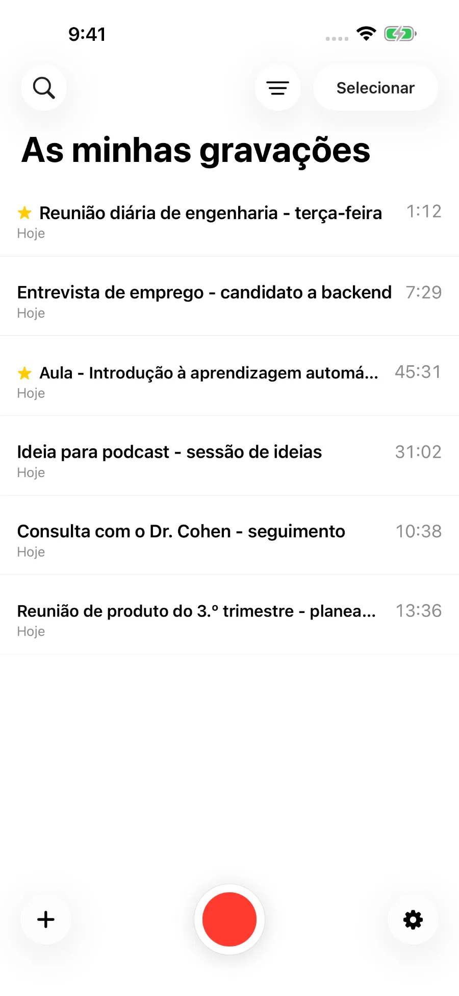 A biblioteca do ToText com gravações guardadas.