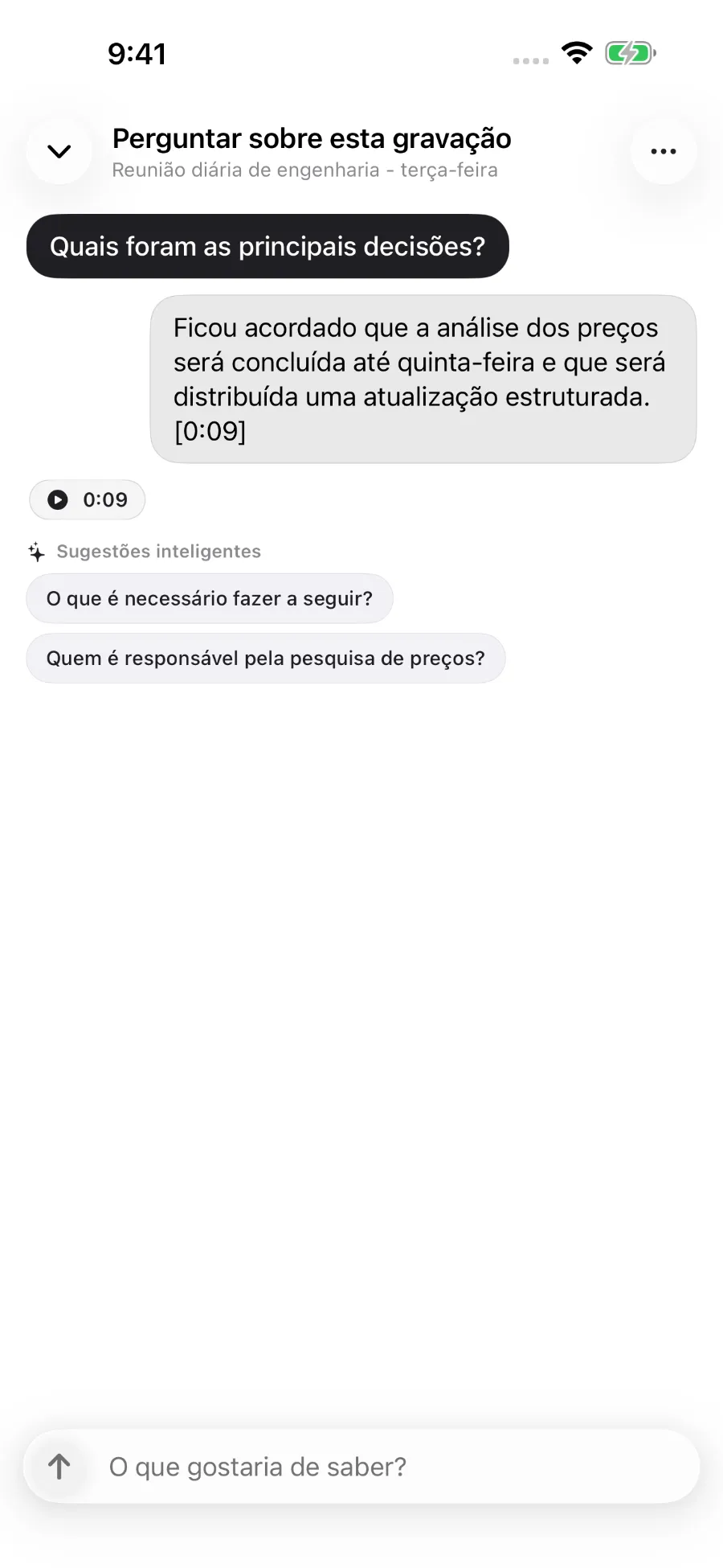 O ToText responde a uma pergunta sobre uma gravação e associa a resposta a uma marca temporal.