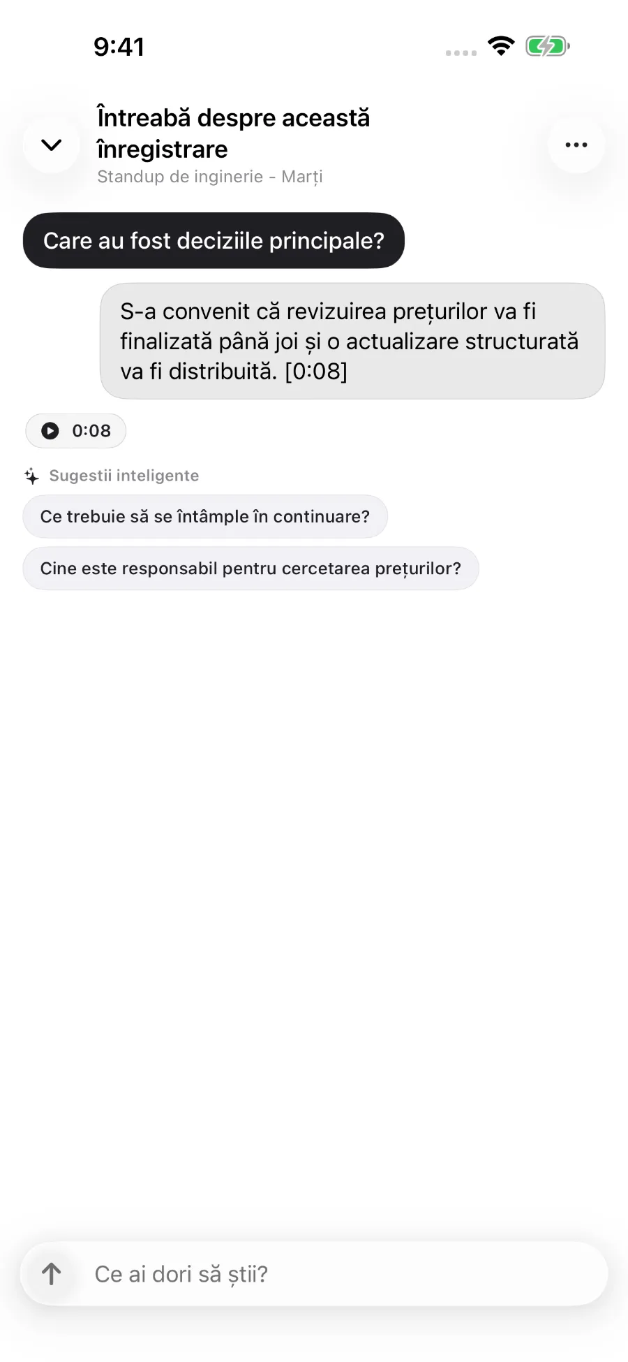 ToText răspunde la o întrebare despre o înregistrare și leagă răspunsul de un marcaj de timp.