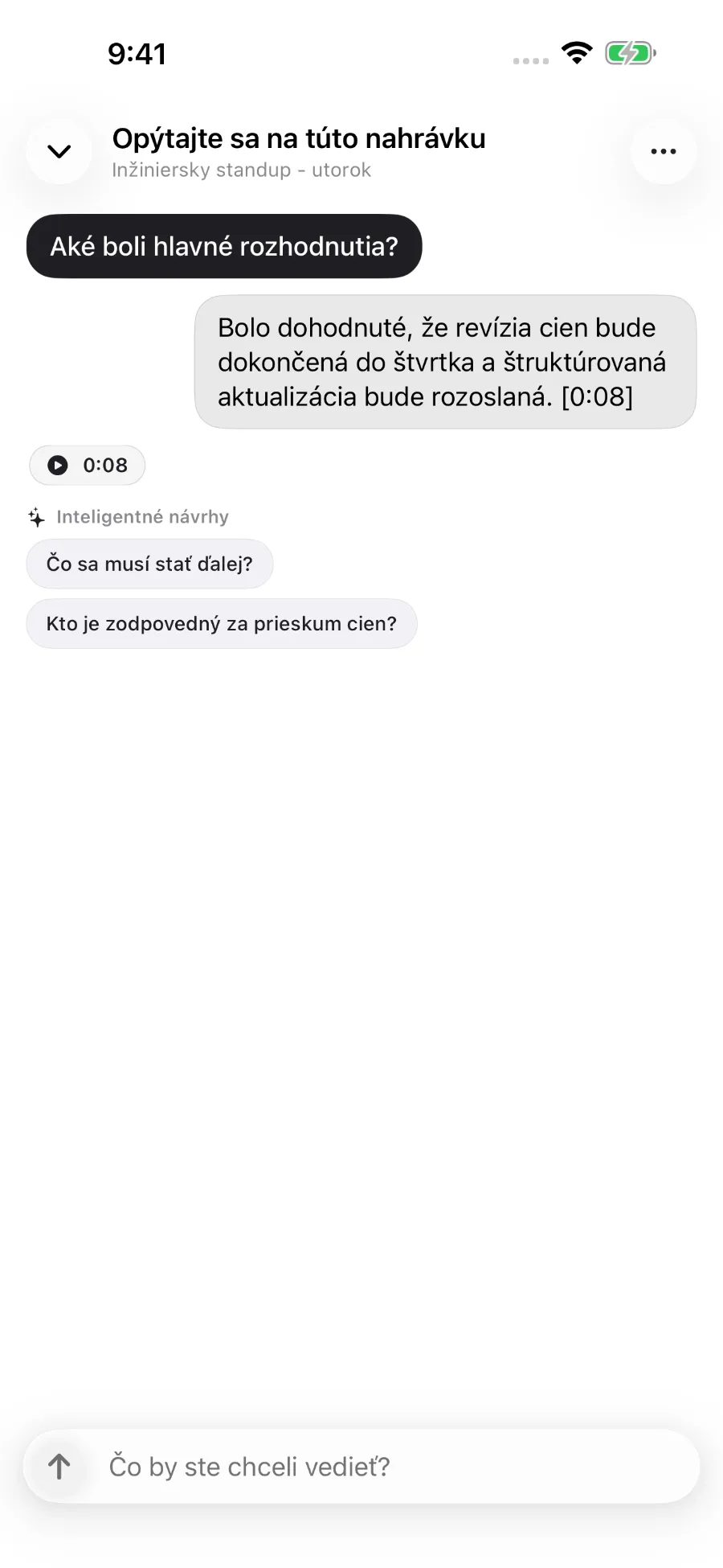 ToText odpovedá na otázku o nahrávke a prepája odpoveď s časovou značkou.