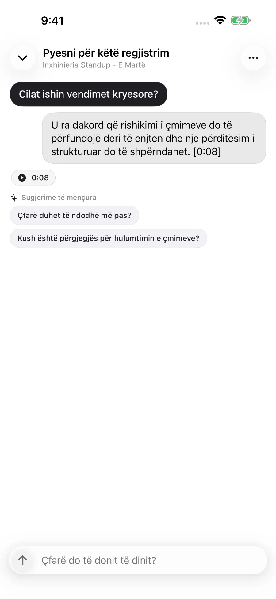 ToText i përgjigjet një pyetjeje për regjistrimin dhe e lidh përgjigjen me një shenjë kohore.