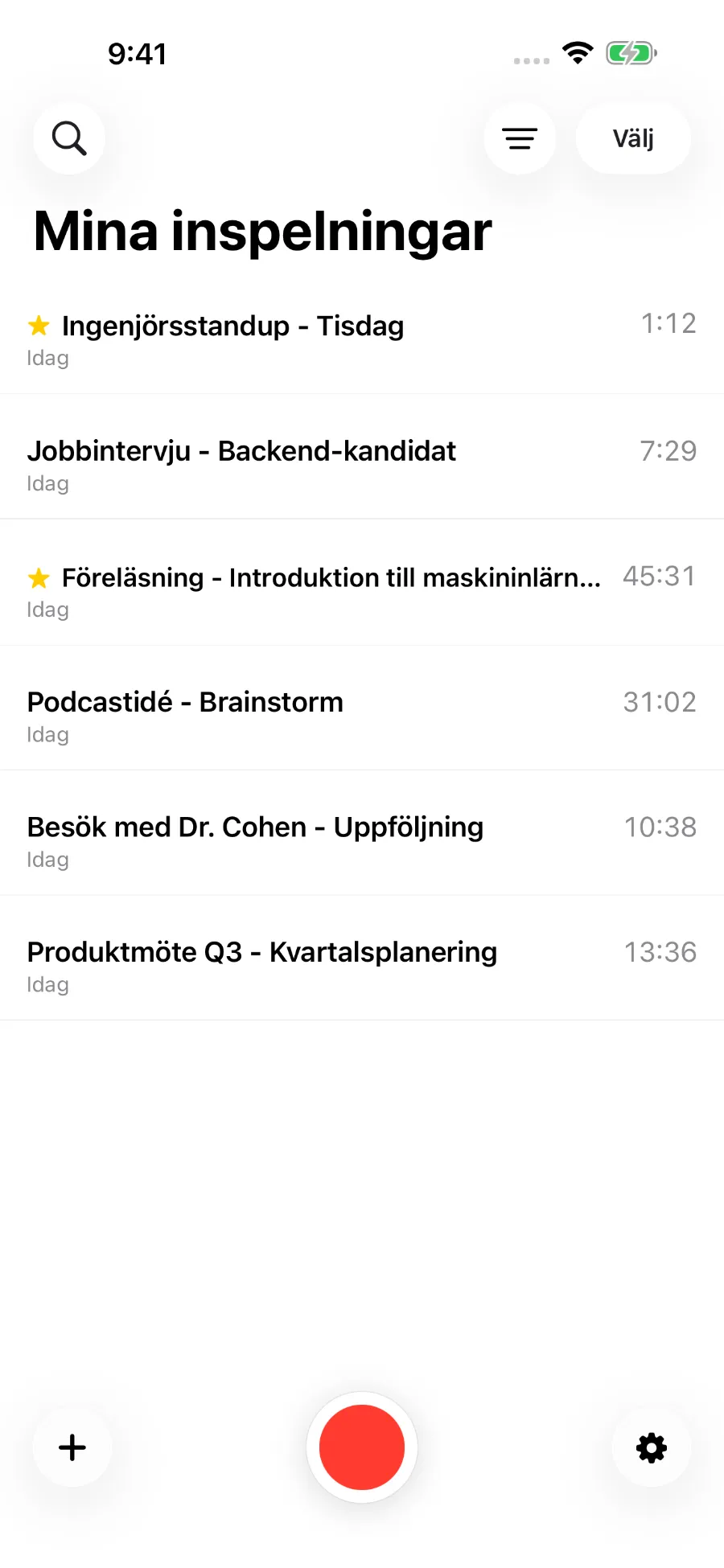 ToText-biblioteket med sparade inspelningar.