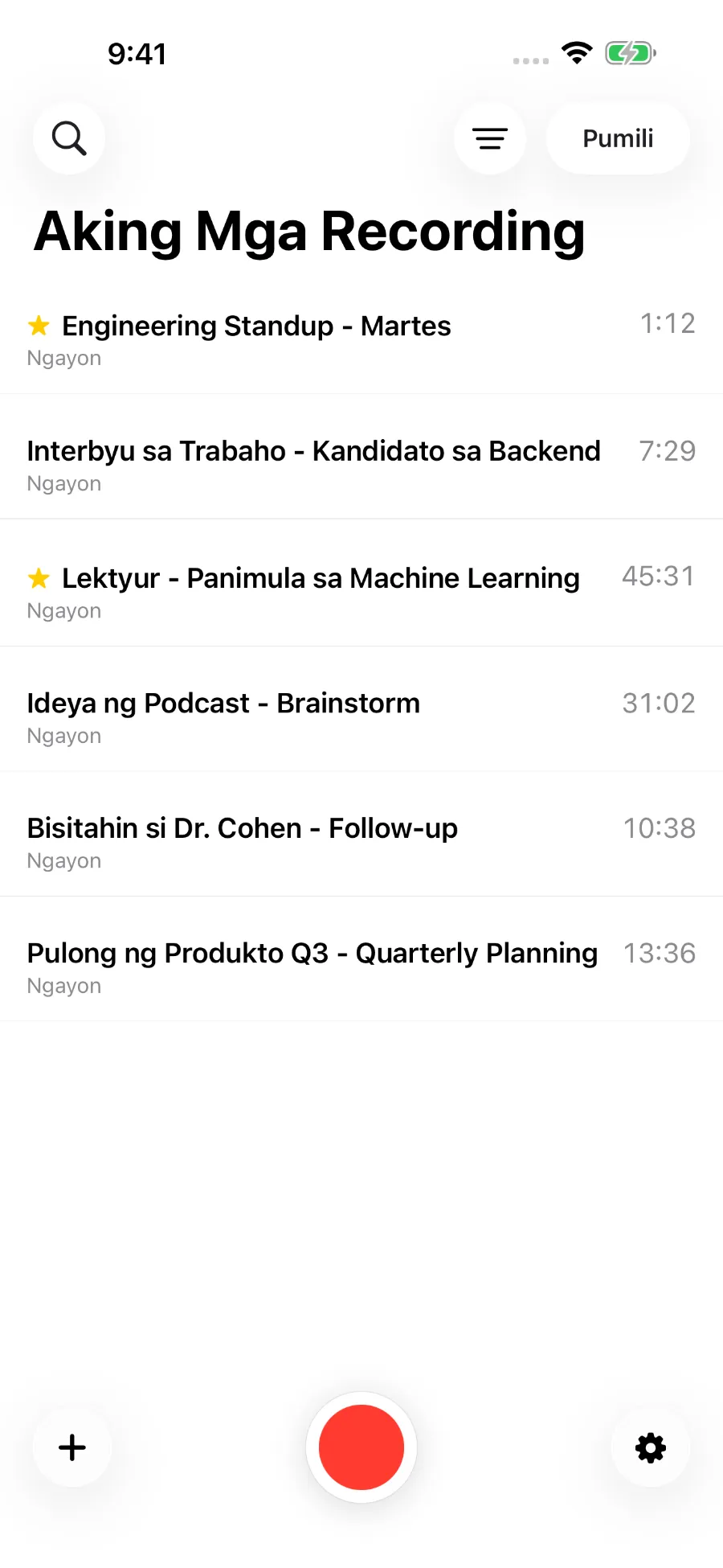 Library ng ToText na nagpapakita ng mga naka-save na recording.