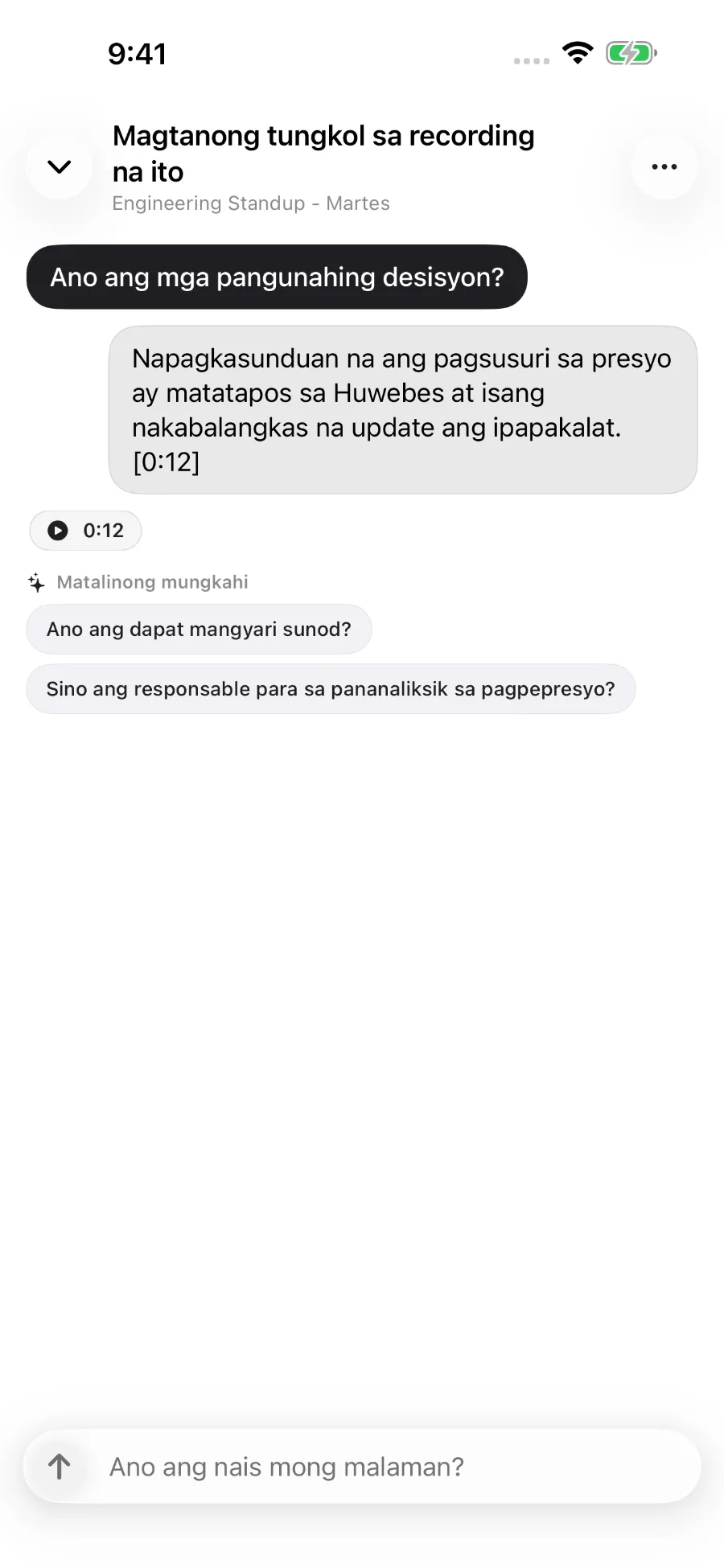 Sinasagot ng ToText ang isang tanong tungkol sa recording at iniuugnay ang sagot sa isang timestamp.