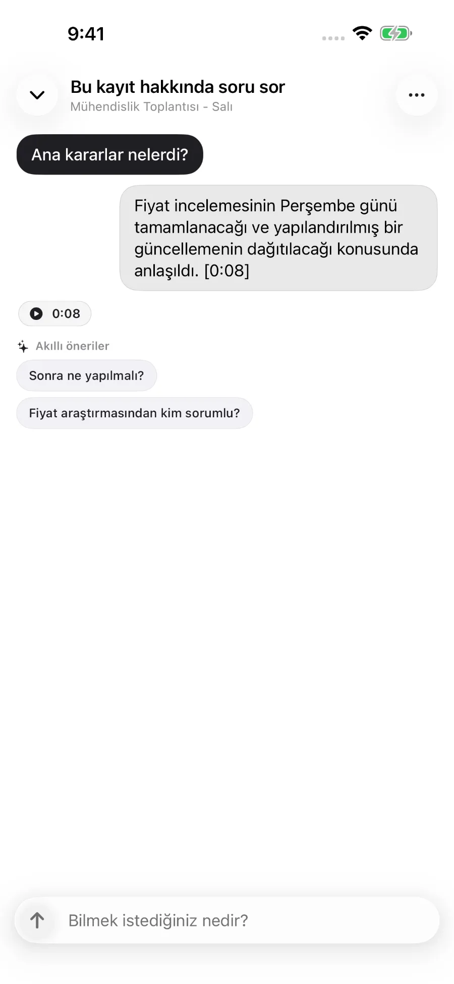 ToText, bir kayıtla ilgili soruyu yanıtlıyor ve yanıtı bir zaman damgasına bağlıyor.