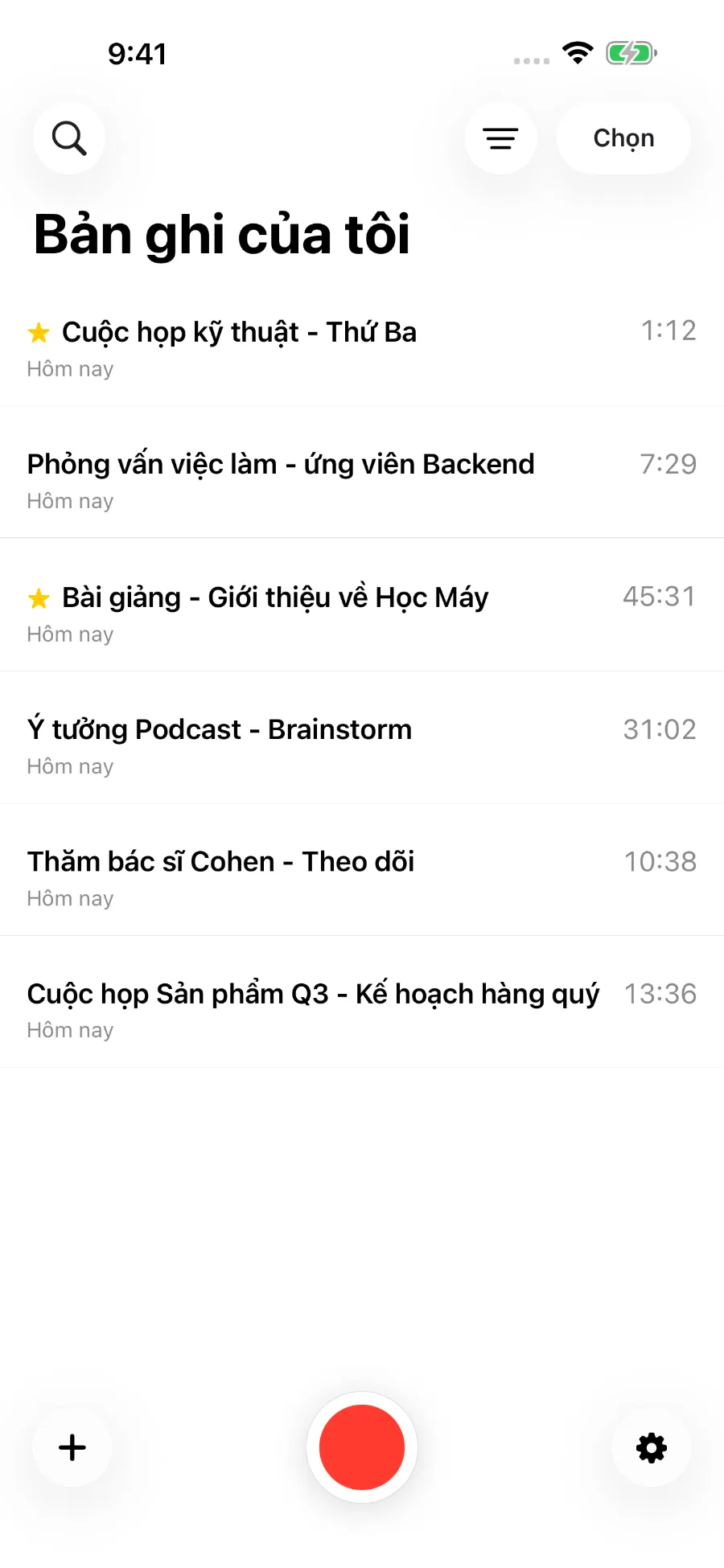 Thư viện ToText hiển thị các bản ghi đã lưu.